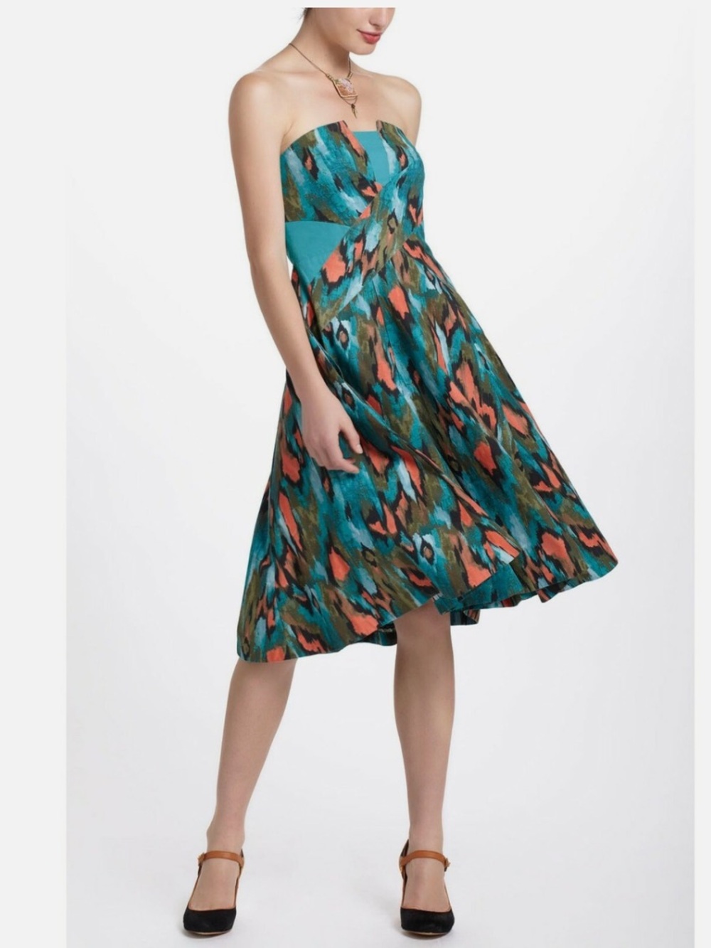 Anthropologie Brand Turquoise Strapless Dress with Abstract Print 100% Cotton